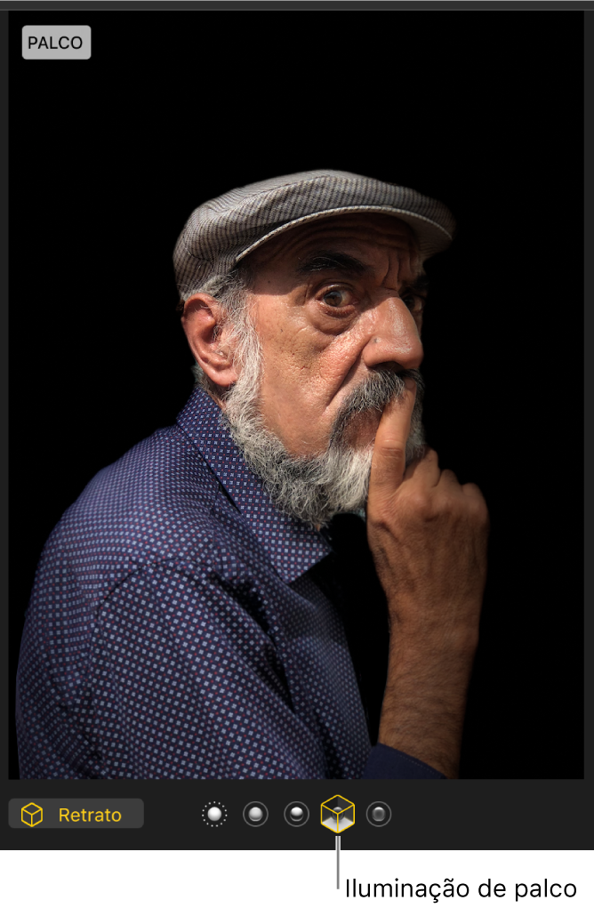 Retrato com iluminação de palco criando um fundo preto.