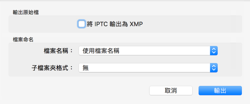 對話框顯示以原始格式輸出照片檔案的相關選項。