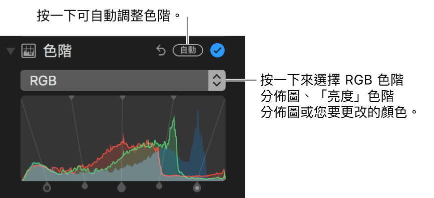 「色階」控制項目和「自動」按鈕位於右上角。