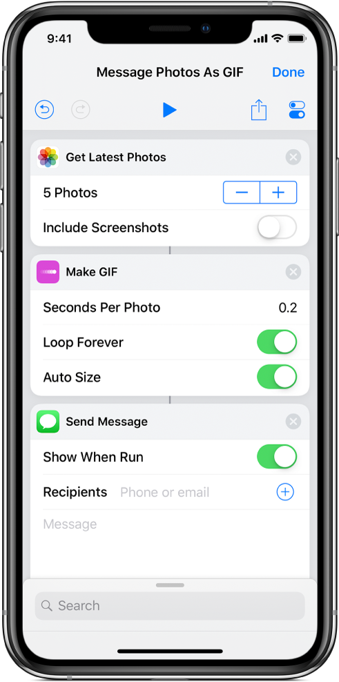 El editor de atajos mostrando acciones para enviar un mensaje con fotos como una imagen GIF animada.