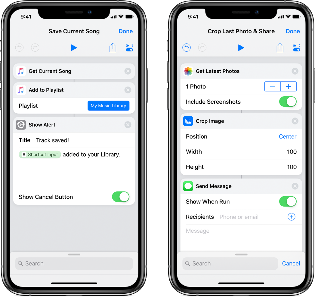 Două scurtături: “Salvați melodia curentă” și “Decupați ultima poză și partajați”.