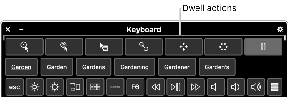 Dwell action buttons located across the top of the Accessibility Keyboard.