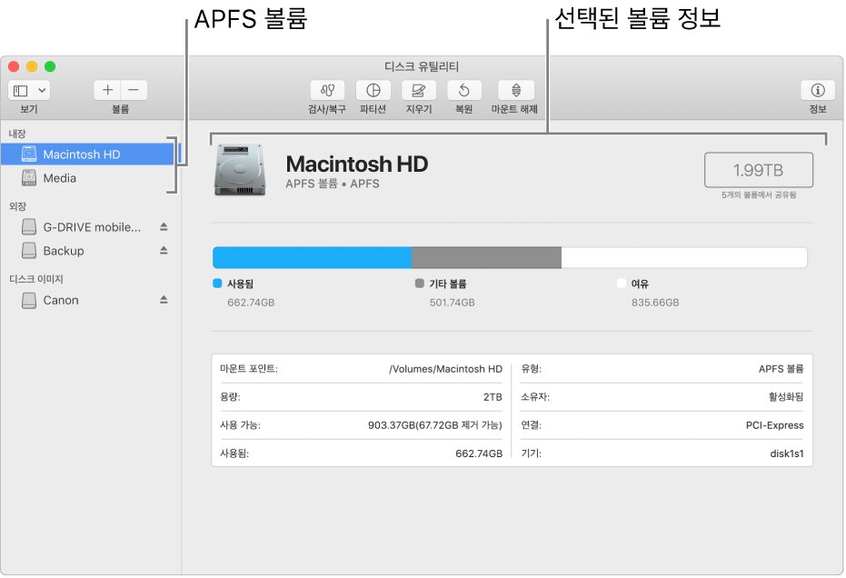 볼륨 정보가 표시되어 있는 APFS 볼륨이 선택된 사이드바.