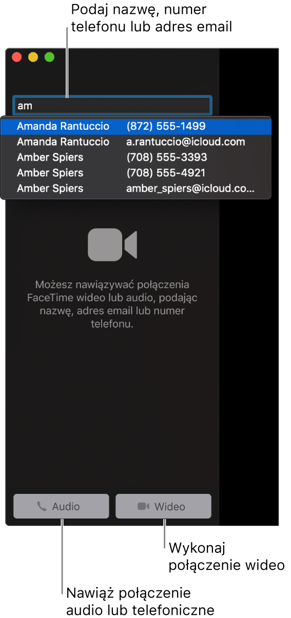 Wprowadź w polu wyszukiwania nazwę, numer telefonu lub adres email. Aby rozpocząć połączenie FaceTime wideo, kliknij w przycisk połączenia wideo. Kliknij w przycisk audio, aby wykonać połączenie FaceTime audio lub połączenie telefoniczne.