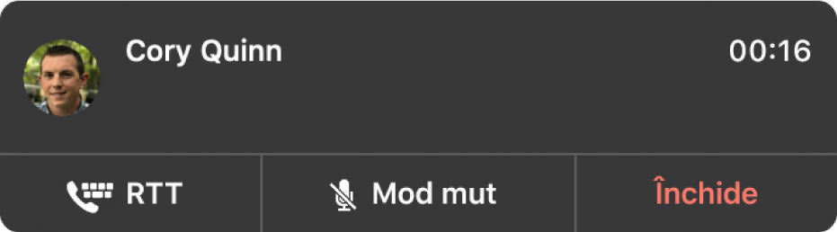 O notificare despre un apel RTT recepționat.