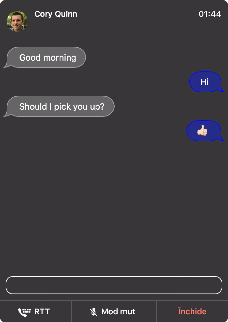 O fereastră RTT cu o conversație între două persoane.