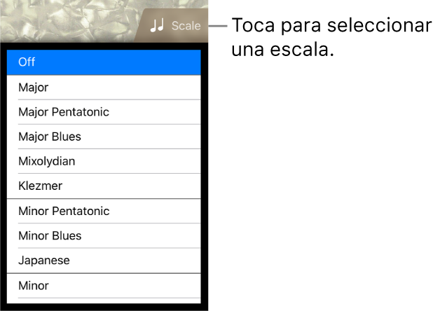 Botón "Escala del bajo" y lista Escalas