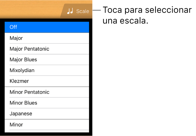 Botón "Escala de Guitarra" y lista Escalas