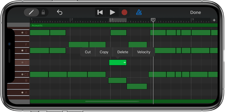 Editor con nota seleccionada