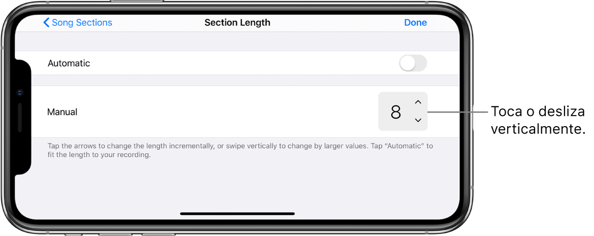 Controles para cambiar la duración de una sección de canción