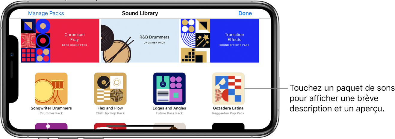 Touchez un paquet de sons pour afficher une brève description et un aperçu.