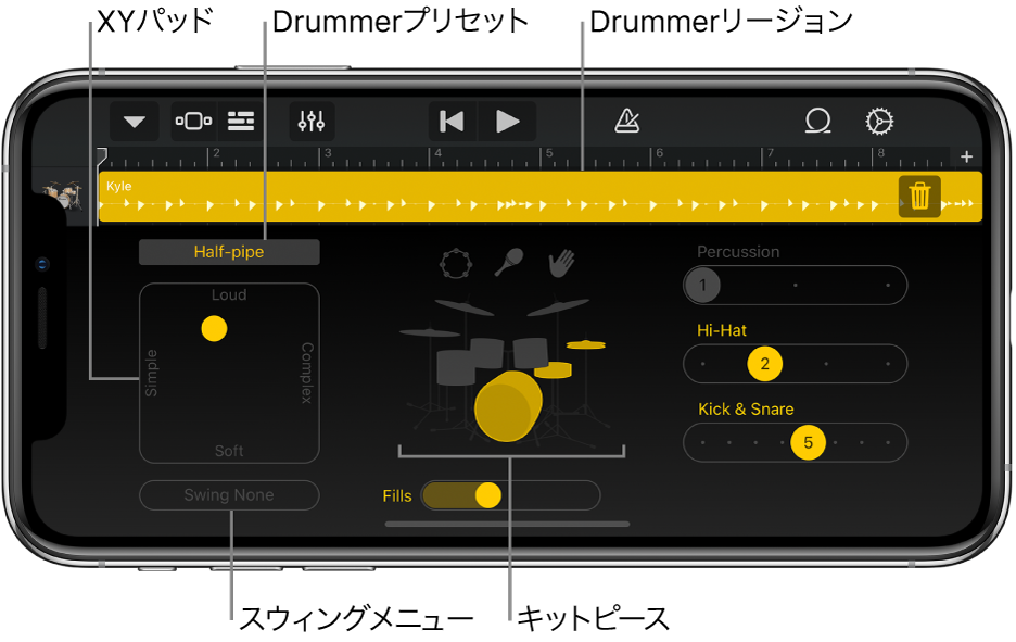Drummerの主要なインターフェイス領域の各部。
