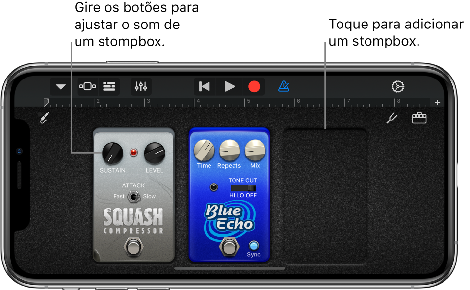 Área de edição de stompbox do Amplificador de Guitarra