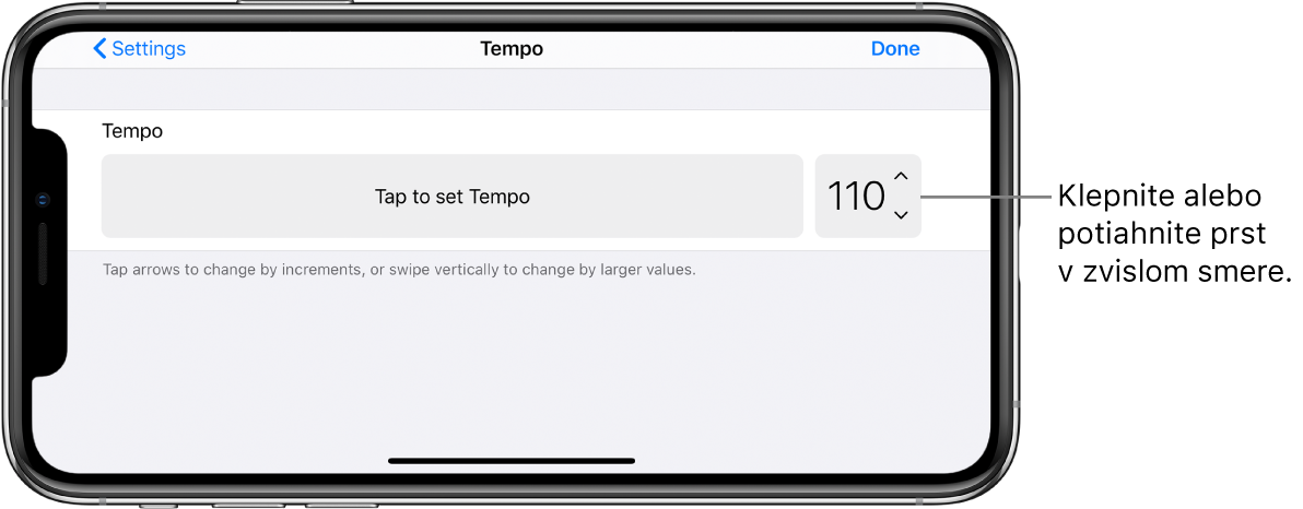 Ovládanie tempa v nastaveniach skladby