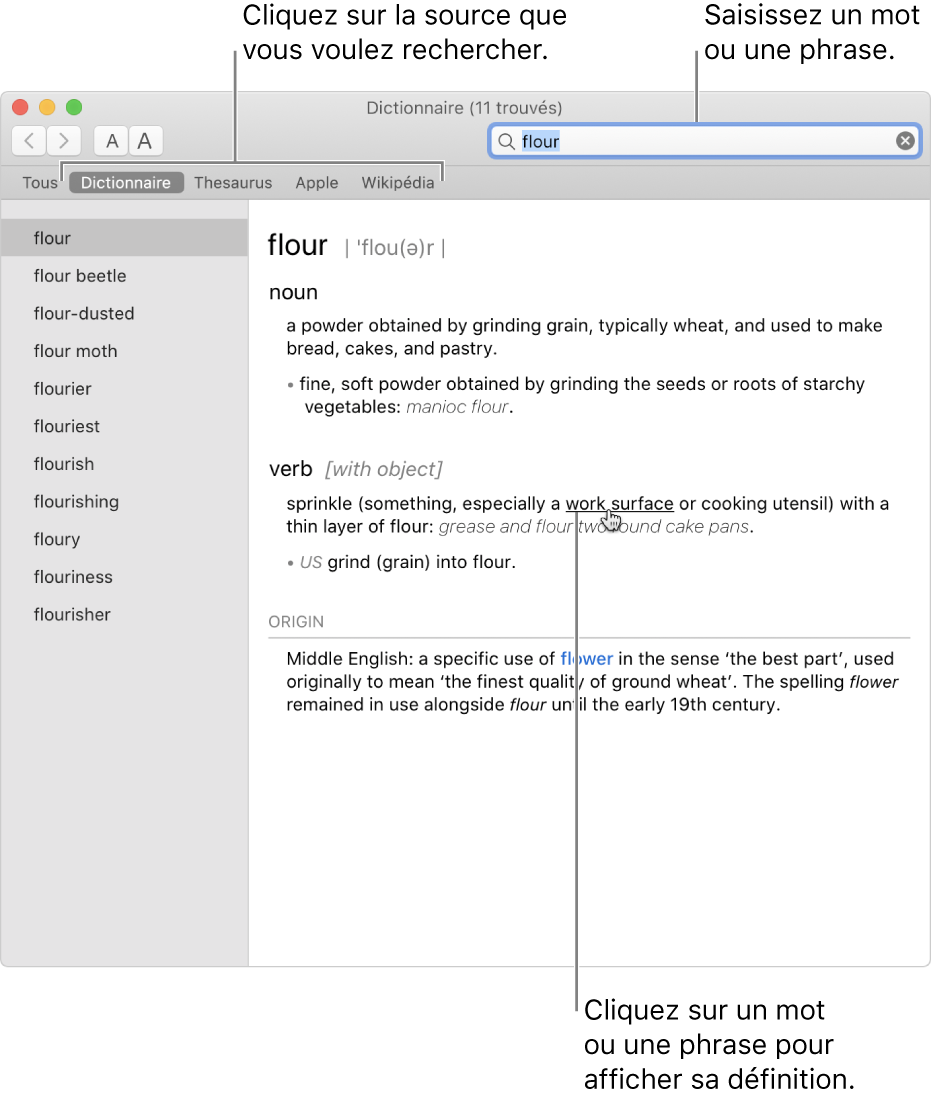 Fenêtre Dictionnaire complète affichant une définition. Cliquez sur un mot ou une phrase dans une définition pour afficher sa définition. Pour sélectionner une source à rechercher, cliquez sur son nom dans la barre des sources, sous la barre d’outils. Saisissez un mot ou une expression dans le champ de recherche.