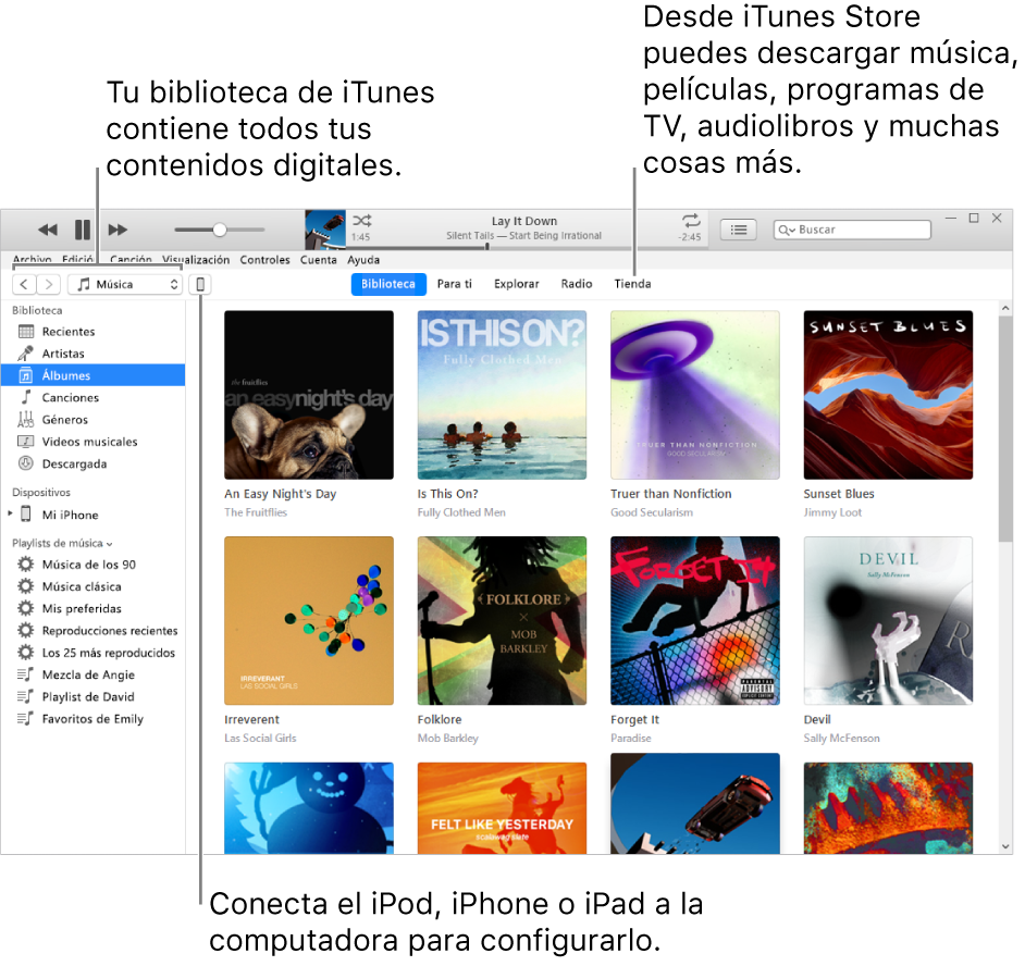 Visualización de la ventana de iTunes: la ventana de iTunes tiene dos paneles. En la izquierda está la barra lateral de la biblioteca, la cual contiene todo tu contenido digital. En el lado derecho, en el área de contenido más grande, puedes ver una selección de lo que te interesa, por ejemplo, visita tu biblioteca o tu página "Para ti", explora nueva música y videos en iTunes, o visita iTunes Store para descargar nueva música, videos, programas de TV, audiolibros y más. En el área superior derecha de la barra lateral de la biblioteca está el botón Dispositivo, el cual indica que tu iPod, iPhone o iPad está conectado a tu PC.