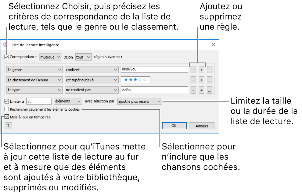 La fenêtre Liste de diffusion intelligente : Dans le coin supérieur gauche, sélectionnez Match, puis indiquez le critère de la liste de diffusion (comme Genre ou Classement). Continuez d’ajouter ou de supprimer des règles en cliquant sur les boutons Ajouter ou Supprimer dans le coin supérieur droit. Sélectionnez différentes options dans la partie inférieure de la fenêtre, comme la limitation de la taille ou de la durée d’une liste de diffusion, l’utilisation exclusive des éléments cochés ou la mise à jour de la liste de lecture par iTunes lorsque votre bibliothèque est modifiée.
