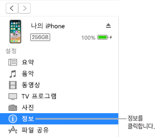 왼쪽 사이드바에서 정보가 선택되어 있는 기기 창.