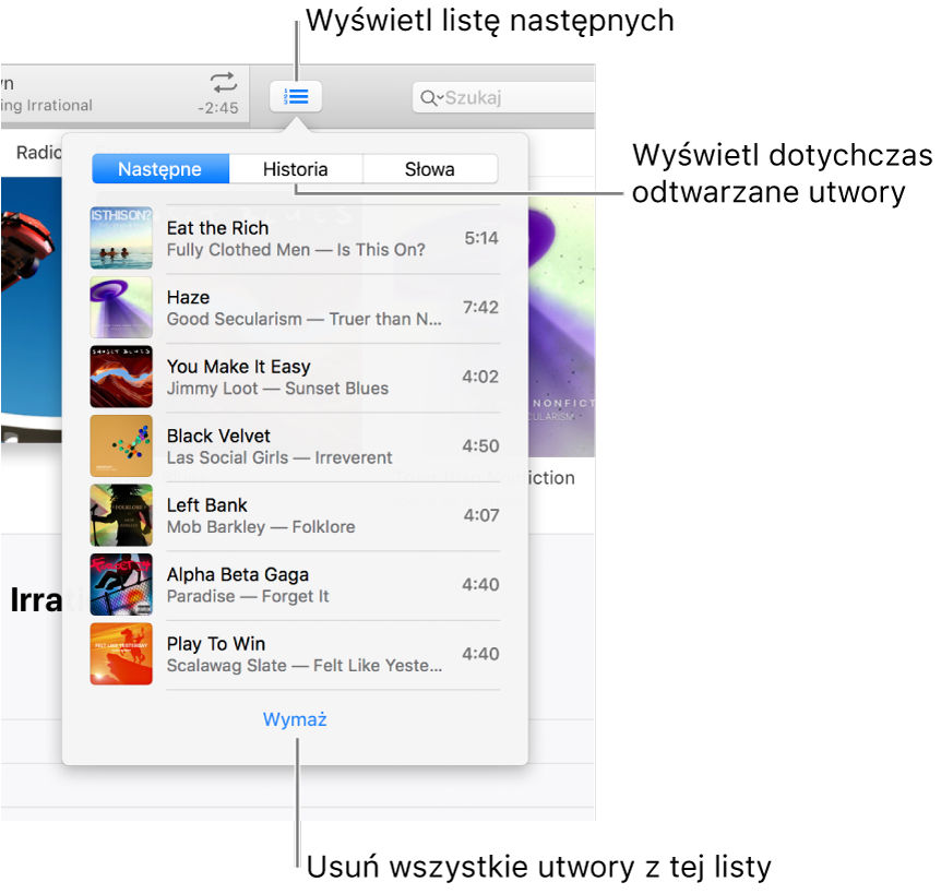Przycisk listy Następne na banerze pokazuje listę Następne. Możesz wyświetlić przycisk Historia i obejrzeć listę ostatnio odtwarzanych rzeczy Łącze Wymaż na górze listy Następne służy do usuwania wszystkich utworów z listy.