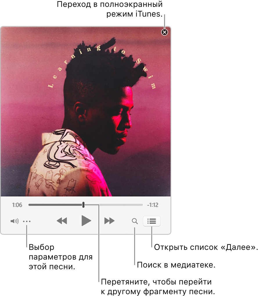 Увеличенное окно мини-плеера с элементами управления песней, которая воспроизводится. Если нажать кнопку закрытия в правом верхнем углу, окно iTunes отобразится полностью. В нижней части окна расположен бегунок, посредством перетягивания которого можно переходить к любой части песни. С левой стороны под бегунком находится кнопка меню действий. В меню действий можно просмотреть настройки вида, а также параметры воспроизводимой песни. У края правой стороны, под бегунком, находятся две кнопки. Одна кнопка со значком лупы для поиска по медиатеке, а другая — кнопка списка «Далее», при нажатии на которую можно узнать, что будет воспроизведено следующим.