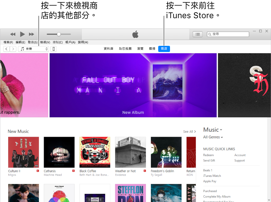 iTunes Store 主視窗:在導覽列中,「商店」已醒目標示。在左上角,選擇以在「商店」中檢視不同內容(例如「音樂」或「電視」)。