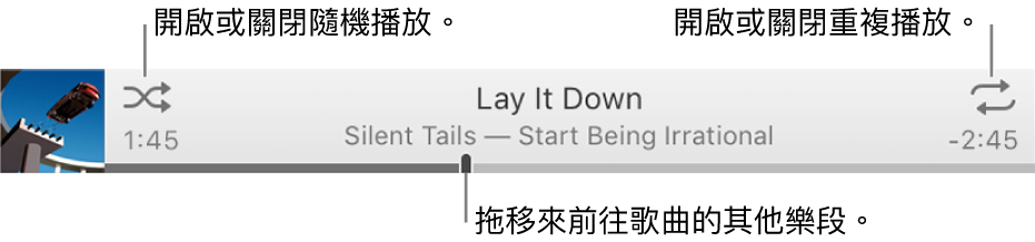 橫幅包含播放中的歌曲。「隨機播放」按鈕位於左上方,而「重複」按鈕位於右上方。拖移時間列來前往歌曲的其他部分。