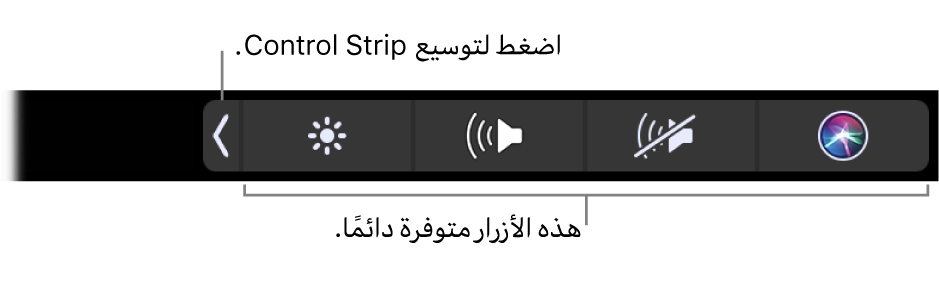 جزء من الشاشة الافتراضية لـ Touch Bar، ويظهر به الـ Control Strip المضغوط. اضغط على زر التوسيع لعرض الـ Control Strip بالكامل.