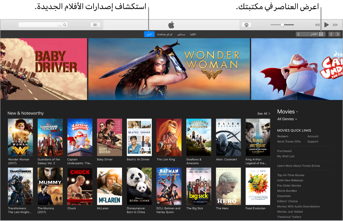 نافذة iTunes توضح كيفية عرض مكتبتك، والاشتراك في Apple Music، واستعراض الإصدارات الجديدة.