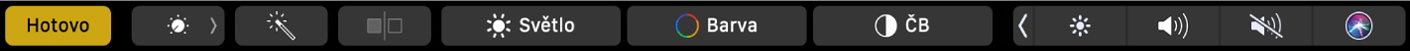 Touch Bar s tlačítky pro úpravy fotografií (ořez, filtry, úpravy parametrů, retušování) a pro přechod na další volby