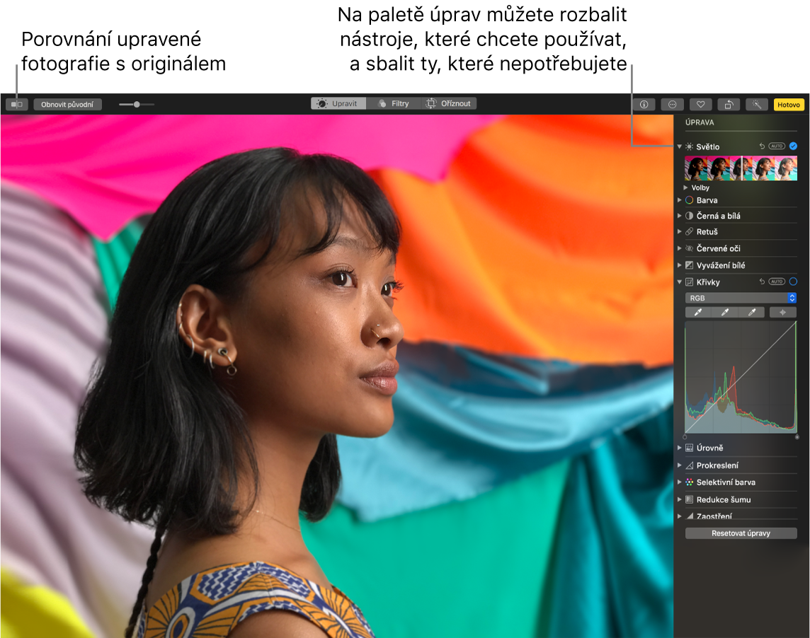 Okno Fotek s funkcemi na nové paletě pro úpravy