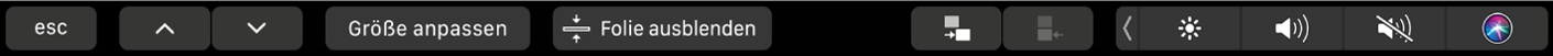 Die Keynote-Touch Bar mit den Pfeiltasten sowie den Tasten „Größe anpassen“, „Folie ausblenden“, „Folie einrücken“ und „Folie ausrücken“.