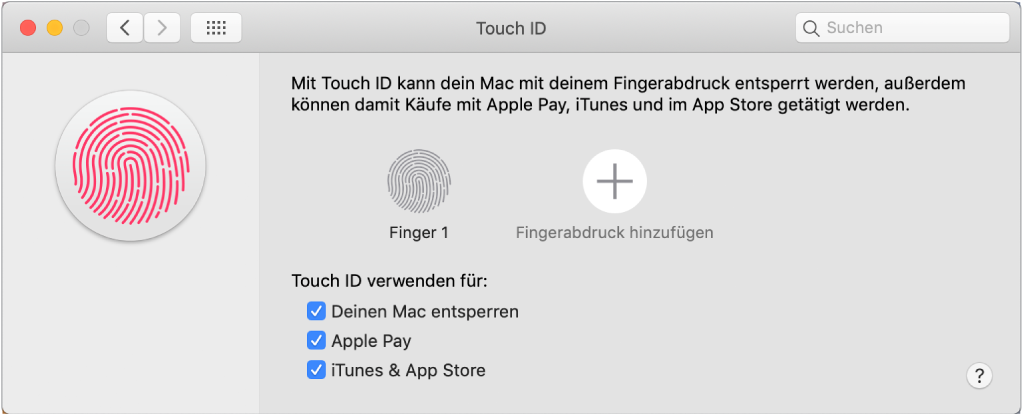 Das Fenster mit den Touch ID-Einstellungen mit Optionen zum Hinzufügen eines Fingerabdrucks sowie zum Verwenden von Touch ID zum Entsperren des Mac, zum Verwenden von Apple Pay sowie zum Tätigen von Käufen im iTunes Store, im App Store und auf Apple Books.