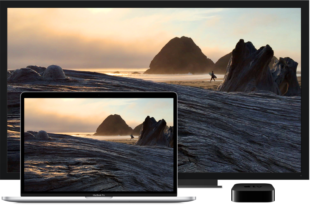 Ein MacBook Pro, dessen Inhalt auf einem großen HDTV-Gerät über ein Apple TV gespiegelt wird
