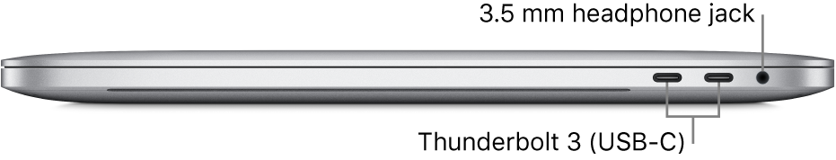 Right side view of a MacBook Pro with callouts to the two Thunderbolt 3 (USB-C) ports and the 3.5 mm headphone jack.