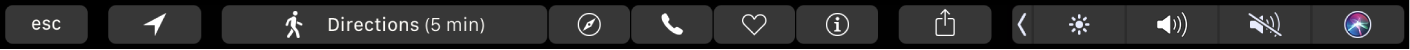 The Maps Touch Bar, showing how you can tap directions to get a route, or tap the Safari, call, favorite, and info buttons.