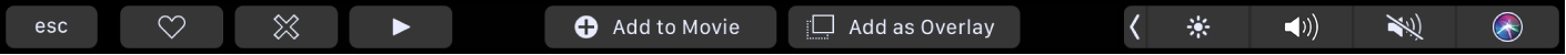 The iMovie Touch Bar showing buttons for favorite, delete, play, add to movie, and add as overlay.