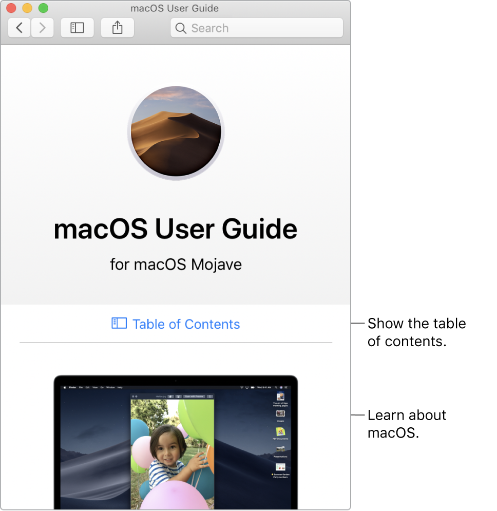 macOS User Guide welcome page showing the Table of Contents link.