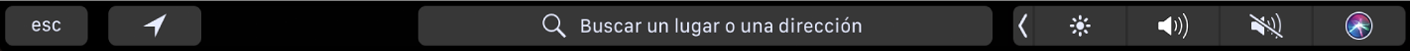 Touch Bar de Mapas con botones para obtener la ubicación actual e indicaciones. También se ve la barra de búsqueda.