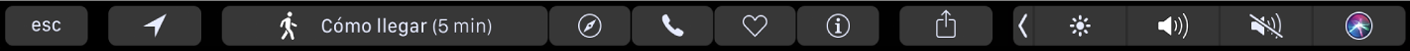 Touch Bar de Mapas mostrando que puede tocar "Cómo llegar" para obtener indicaciones, o tocar los botones Safari, llamada, favorito e información.