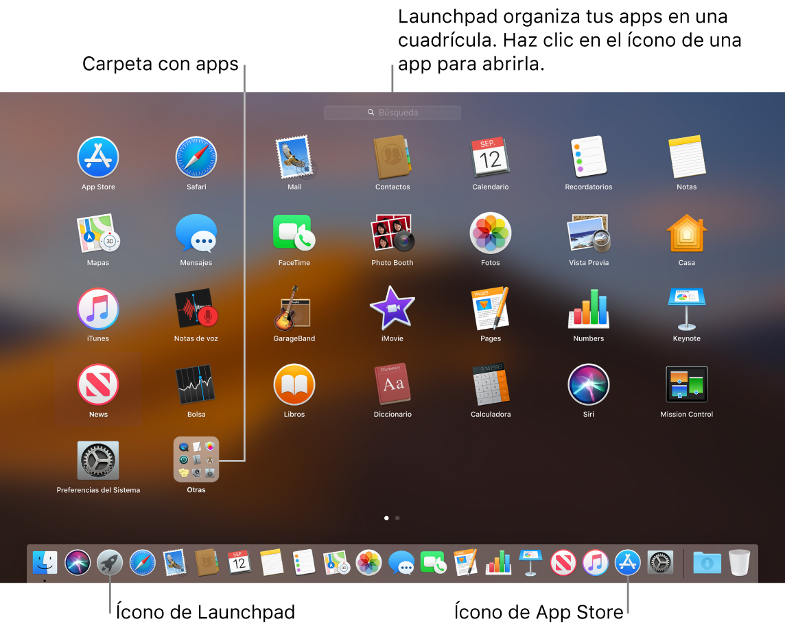 La pantalla de la Mac con el Launchpad abierto, mostrando una carpeta de apps en el Launchpad y los íconos del Launchpad y de Mac App Store en el Dock.