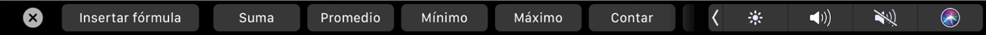La Touch Bar de Numbers con los botones de Fórmula. Estos incluyen suma, promedio, valor mínimo, valor máximo y recuento.