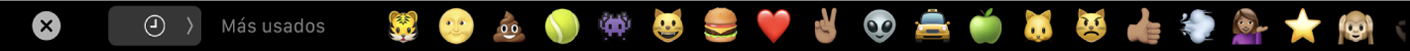 La Touch Bar de Mensajes con opciones de emojis usados frecuentemente y el botón para seleccionar las diferentes categorías de emoji.
