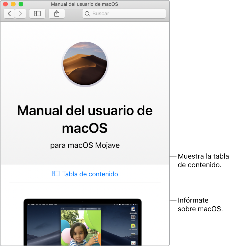Página de bienvenida del Manual del usuario de macOS con el enlace de la tabla de contenido.