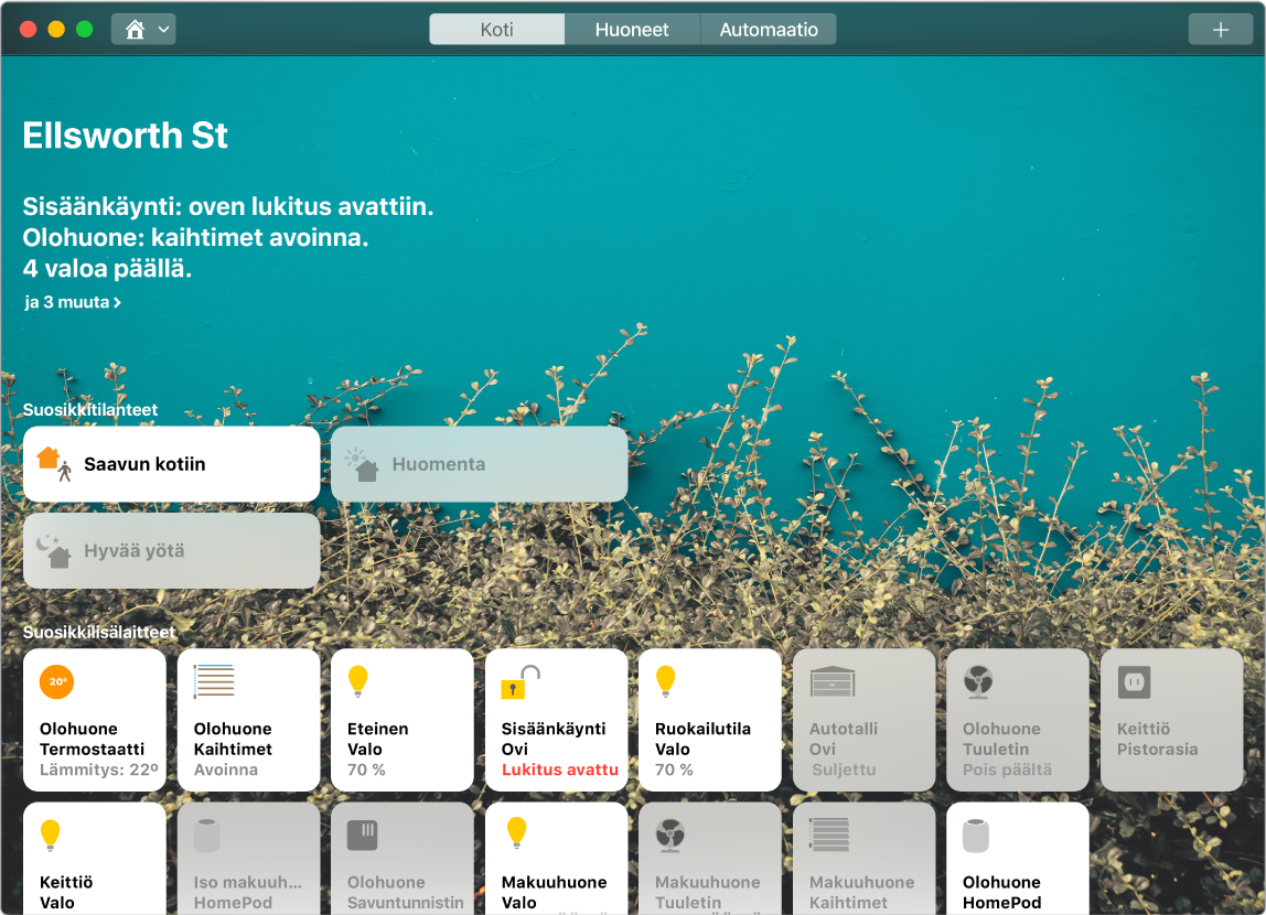 Koti-valikko, jossa näkyy suosikkitilanteet ja -lisävarusteet.