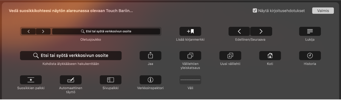 Safarin muokkausvalinnat, joita voidaan vetää Touch Bariin.