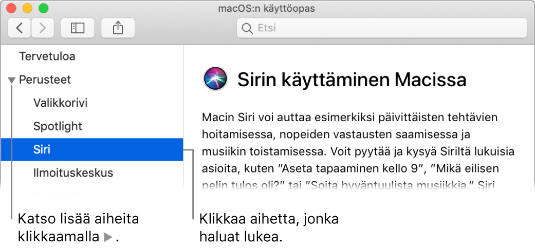 Ohje-katseluikkuna, joka havainnollistaa, miten sivupalkissa lueteltuja aiheita voi selata ja miten aiheen sisällön saa aukaistua.