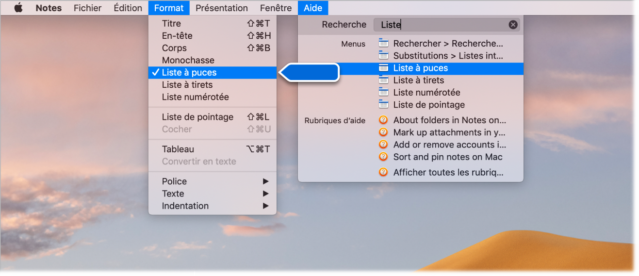 Menu d’aide présentant une recherche dont les termes sont « liste » et la commande « Liste à puces » surlignée dans la liste des résultats et dans le menu Format.