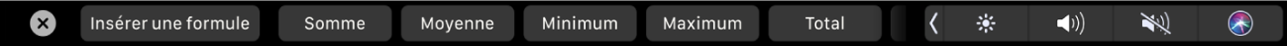 Touch Bar de Numbers affichant les boutons de formule. Cela comprend les options suivantes : Somme, Moyenne, Minimum, Maximum et Compte.