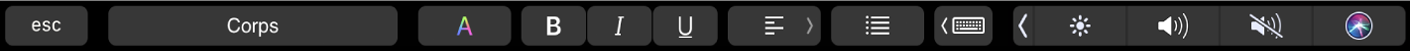 Touch Bar de Pages affichant des boutons permettant de modifier les styles de paragraphe, ainsi que la couleur, la mise en forme et l’alignement du texte. Il existe également un bouton correspondant aux suggestions.