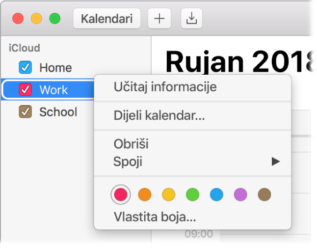 Izbornik s prečacima kalendara s opcijama za prilagodbu boje kalendara.
